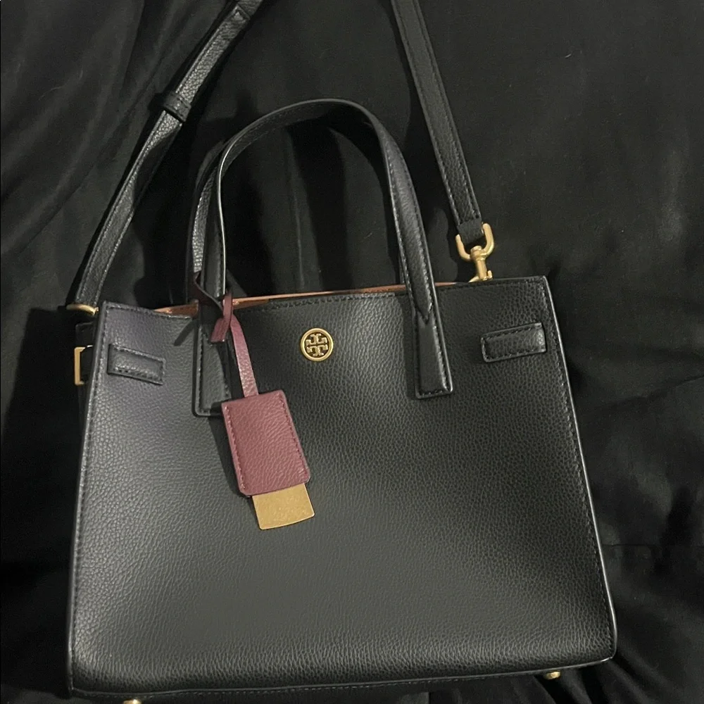 Tory Burch Black Satchel with Burgundy Tag and Gold Hardware